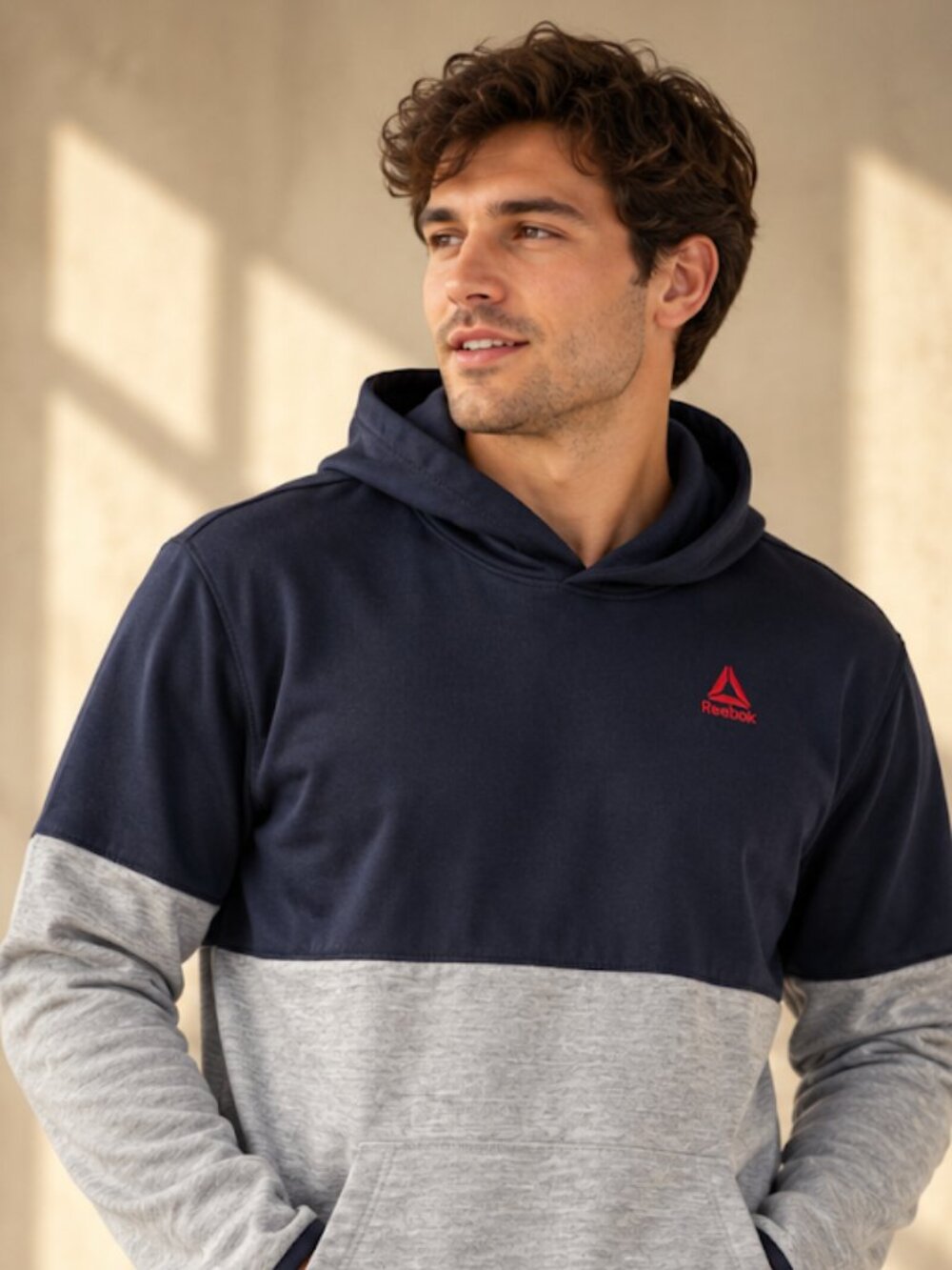 Reebok Men’s Colorblock Pullover Hoodie Navy Gray Red Logo XL 14/16